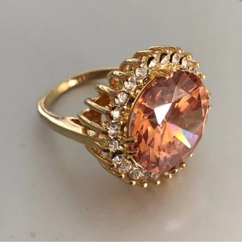 Cocktail Ring Gold Plated w Round Champagne Stone & Surround CZ Stones Sz.7.25
